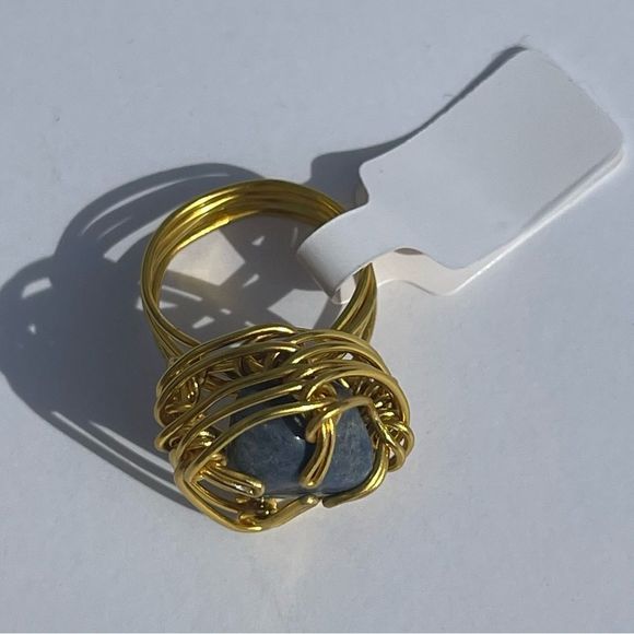 BLUE AVENTURINE QUARTZ ADJUSTABLE WIREWRAPPED CHUNKY GEMSTONE RING - Picture 15 of 16